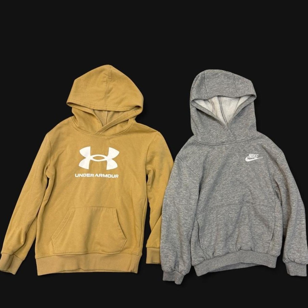 Boys Size 7 Hoodie Lot Nike Grey Fleece & Under Armour Tan Gold Pullover Bundle